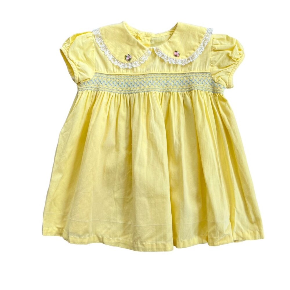 Vintage Pastel Yellow Lace Peter Pan Collar Smocked Dress 0-6 Months